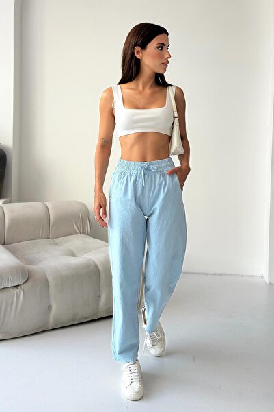 Behind Look High Waist Lace-Up 100% Cotton Comfortable Fit Babe Blue Straight Leg Women's Pants