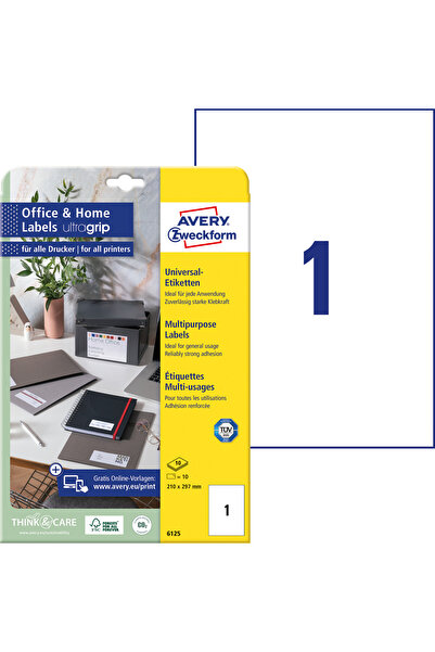 Avery Zweckform Etichete autoadezive 6125-10, 1/A4, dimensiuni 210x297 mm, 10 coli/top