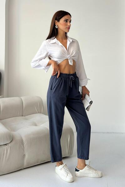 Behind Look Gabardine 100% Cotton Comfortable Fit Smoked High Waist Straight Leg Women's Trousers