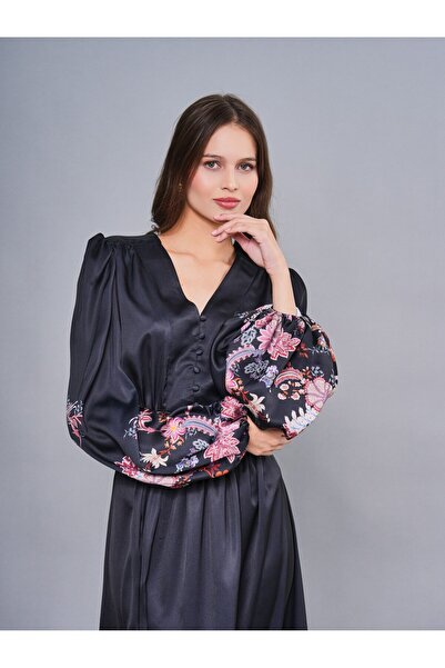 SERPİL Saten Görünümlü Uzun Kollu Desenli Şık Kadın Elbise 50935