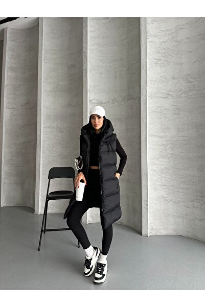 Fashionbox γυναικείο μακρύ πουπουλένιο γιλέκο με φερμουάρ και κουκούλα 25111