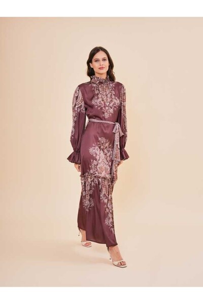 SERPİL Desenli Uzun Kollu Yüksek Yakalı Şık Kadın Elbise 50946