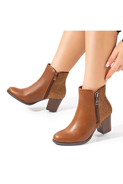 Modlet.ro Women's brown ankle boots with applied rhinestones and decorative z...