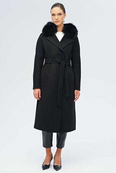 Olcay Batwing Sleeve Detachable Fur Punto Stitching Detailed Cashmere Coat Black 3120-Tk