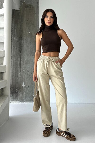 Behind Look High Waist Lace-Up 100% Cotton Comfortable Fit Beige Straight Leg Women's Trousers