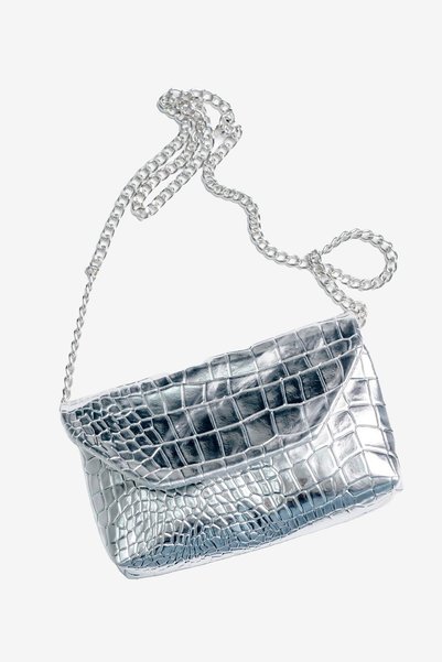 birizmoda Women's Crocodile Pattern Chain Baguette Hand and Shoulder Bag - Silver