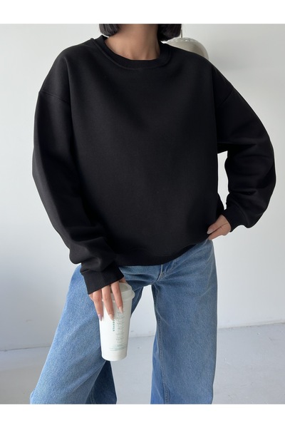 BEJNA Women's Black Loose Fit Crew Neck Basic Sweatshirt
