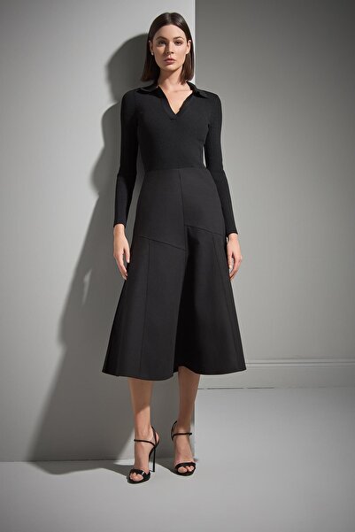 JOIN US Polo Yaka Kumaş Etekli Siyah Triko Elbise