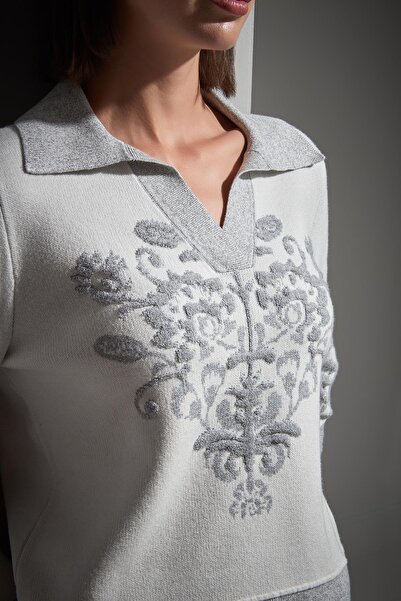 JOIN US Polo Collar Patterned Gray Knitwear Sweater