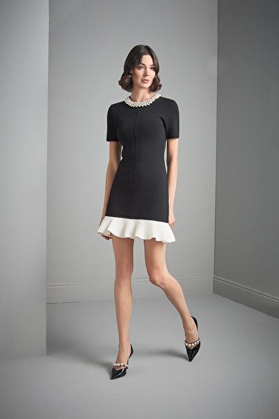 JOIN US Handcrafted Pearl Frilled Black Knitwear Dress