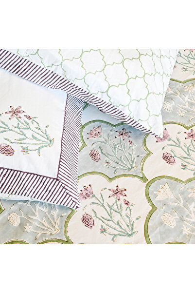 SARAS LABEL Heritage Block Print 100% Cotton Percale Bedsheet with 2 Pillowcases