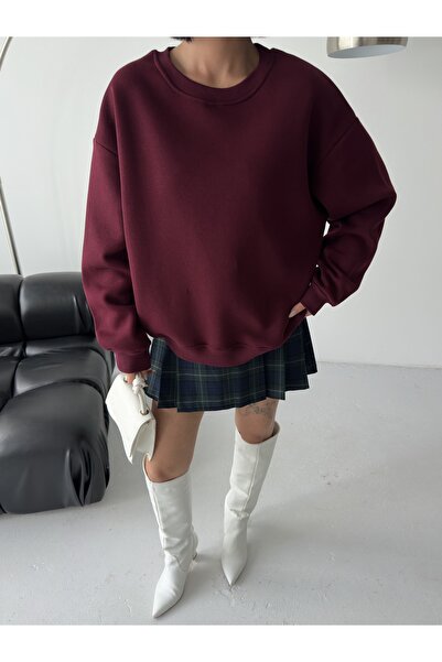 BEJNA Women's Burgundy Loose Fit Crew Neck Basic Sweatshirt