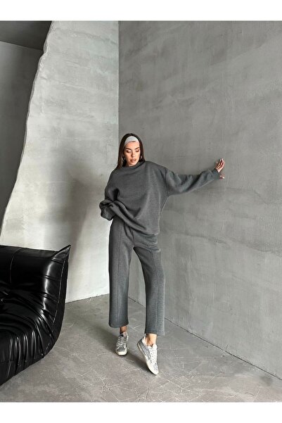 BOUQUET OF TULİP Basic Ribbed Sweatshirt Stitching Detail Tracksuit Set