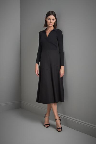 JOIN US Polo Yaka Kumaş Etekli Siyah Triko Elbise