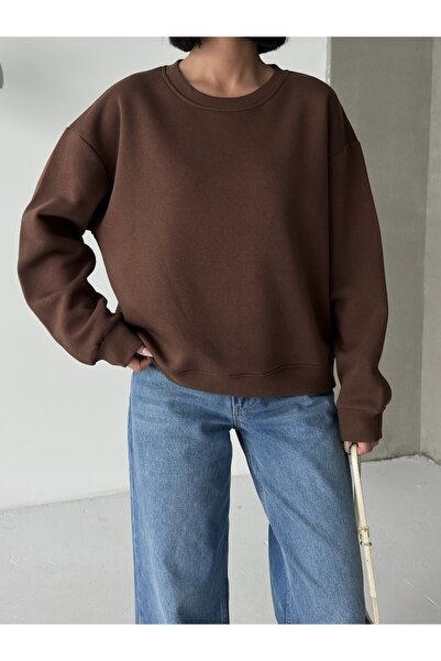 BEJNA Дамска кафява блуза с широка кройка и обло деколте