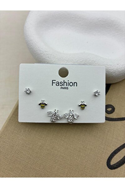 Hedef Bijuteri طقم أقراط مكون من 6 قطع من حجر الزركون الفضي اللون على شكل نحلة