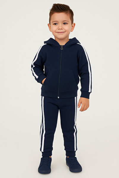 Bubito Side Striped Zippered Hooded Sports 2-Piece Baby Bottom and Top Set-Navy Blue