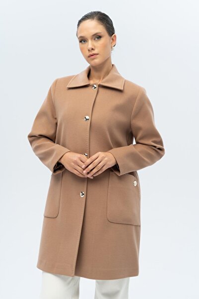 Olcay Shirt Collar Bag Pocket Detailed Oversized Coat Kamel 3132