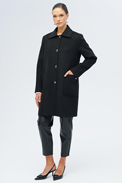 Olcay Shirt Collar Bag Pocket Detailed Plus Size Coat Black 3132