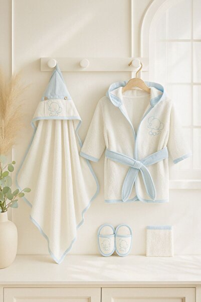 mia mia Cute Elephant Embroidered Baby Bathrobe Set – 100% Cotton – 4-Piece