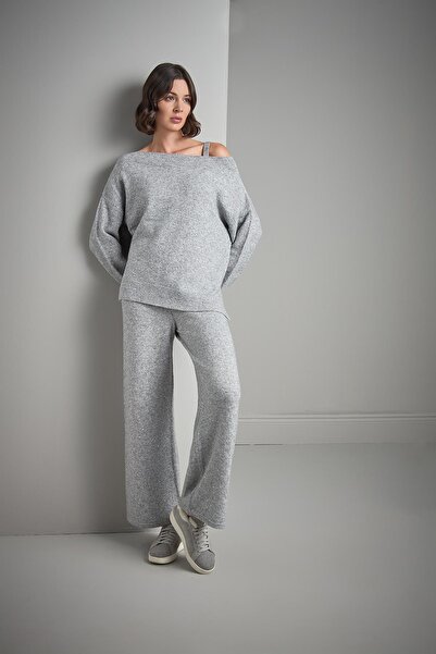 JOIN US Pul ve Sim Detaylı Bol Paça Gri Triko Pantolon