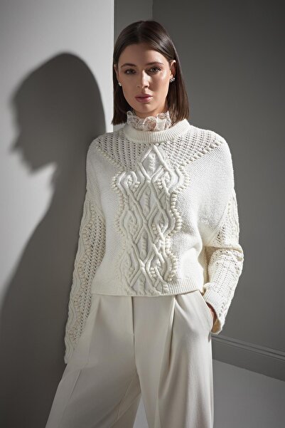 JOIN US Functional Lace Collar Detailed Ecru Knitwear Sweater