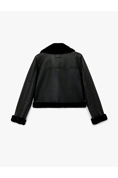 Koton Μακρυμάνικο μπουφάν εφέ δέρματος με γιακά από ψεύτικη γούνα