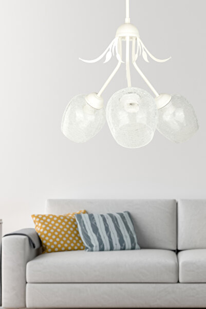 Begüsa Erden 3.Lü Şeffaf Camlı Avize Beyaz