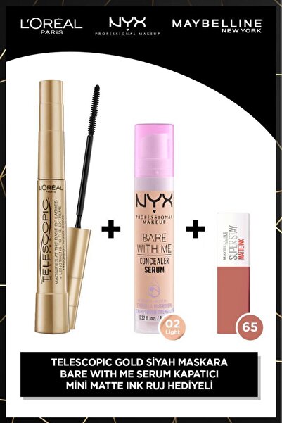 L'Oreal Paris Telescopic Gold Maskara + Bare With Me Kapatıcı 02 + Matte Ink Mini Ruj 65