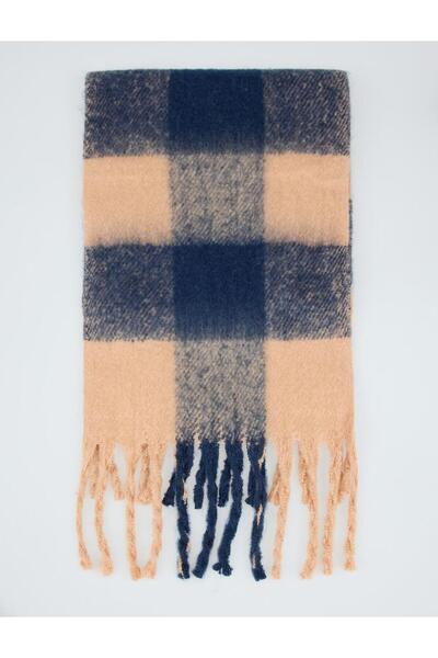 Jimmy Key Navy Blue Square Pattern Tassel Detailed Scarf