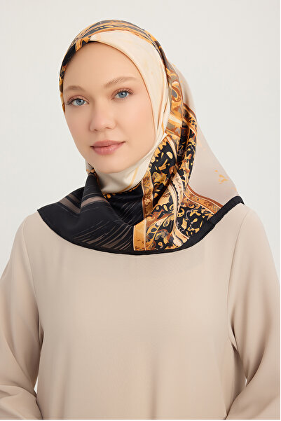 Schaless Saltanat Arabesi - Gray - 100% Silk Twill Scarf - 90X90 cm