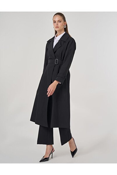 Kayra Men's Collared Long Trench Coat Dark Navy Blue