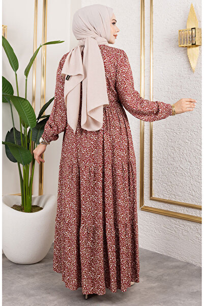 sefamerve Efsun Çiçek Desenli Elbise 7136-03 Bordo
