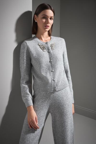 JOIN US El işi Taş İşlemeli Düğme Detaylı Gri Triko Hırka