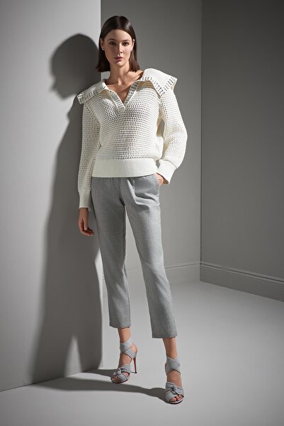 JOIN US Stone Printed Wide Neck Ecru Knitwear Sweater