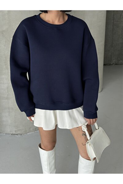 BEJNA Γυναικείο μπλουζάκι με φαρδιά εφαρμογή σε μπλε ναυτικό χρώμα με λαιμόκοψη