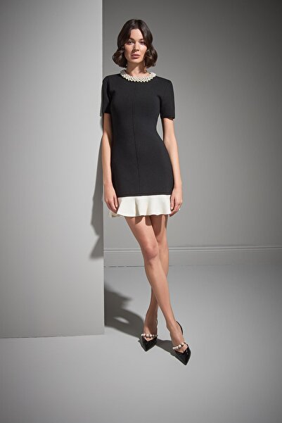 JOIN US Handcrafted Pearl Frilled Black Knitwear Dress