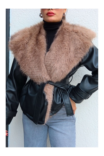 ESRAHELVACI Jachetă din piele cu centură și guler de blană