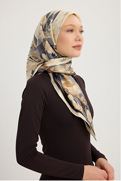 Schaless Небесний квітка - Екрю - 100% шовковий твіл шарф - 90x90 см