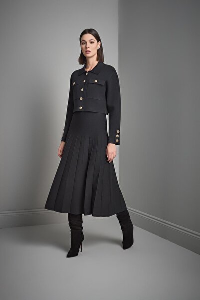 JOIN US Elastic Waist Pleated Black Knit Skirt