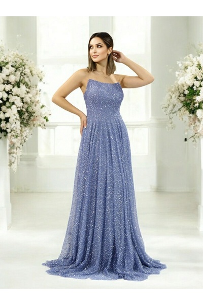 FaBe Fashion STRAPLEZ YAKA BELİ İŞLEMELİ KONİK TAŞLI ABİYE ELBİSESİ