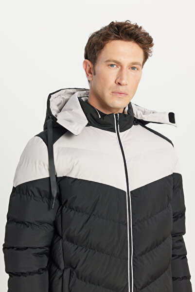 AC&Co / Altınyıldız Classics Men's Black-Beige Standard Fit Regular Cut Stand Collar Hooded Side Pocket Coat