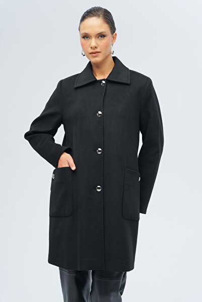 Olcay Shirt Collar Bag Pocket Detailed Plus Size Coat Black 3132