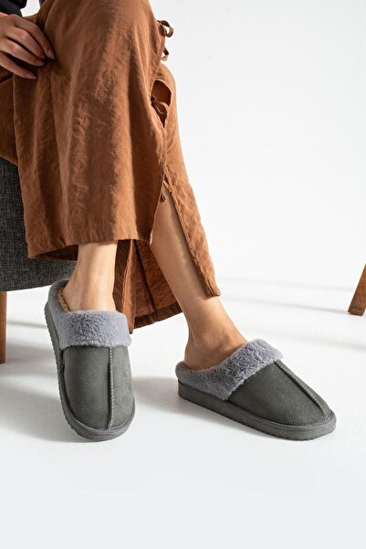 FUGA MODA Mabes Gray Suede Fur Collar Semi-Closed Silent Sole House Slippers