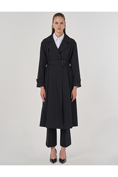 Kayra Men's Collared Long Trench Coat Dark Navy Blue