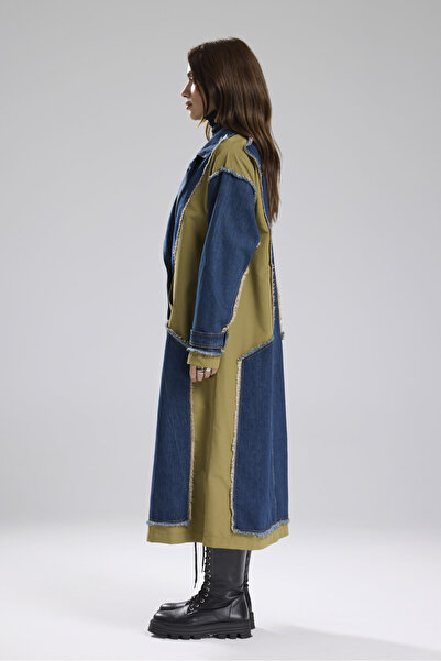 tw3 Kadın Denim Garnili Dokuma Kumaş Karışımlı Tasarım Trençkot