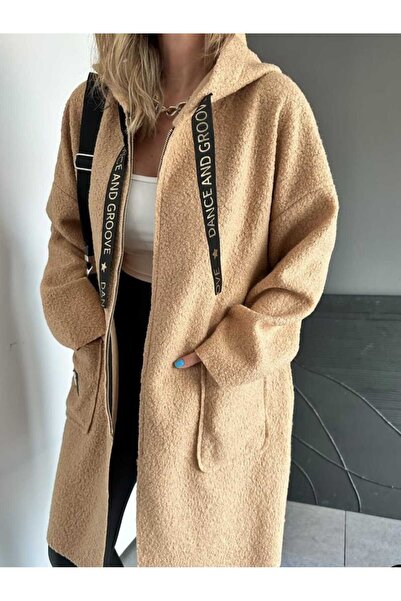 QİMYA BUTİK ROBIN Women's Hooded Bag Pocket Unlined Lightweight Boucle Eyebrow Oversize Coat