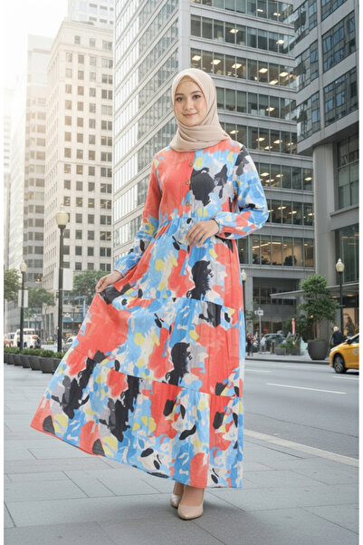 sefamerve Φόρεμα από ύφασμα με κορδόνια στη μέση 0166-02 Κοραλί Μπλε