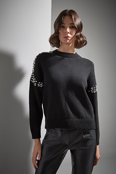 JOIN US Bisiklet Yaka Taş Baskılı Siyah Triko Kazak