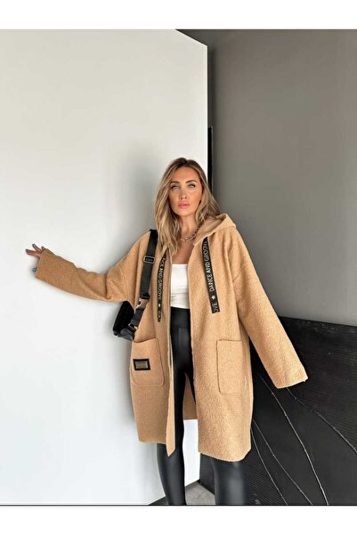 QİMYA BUTİK ROBIN Women's Hooded Bag Pocket Unlined Lightweight Boucle Eyebrow Oversize Coat